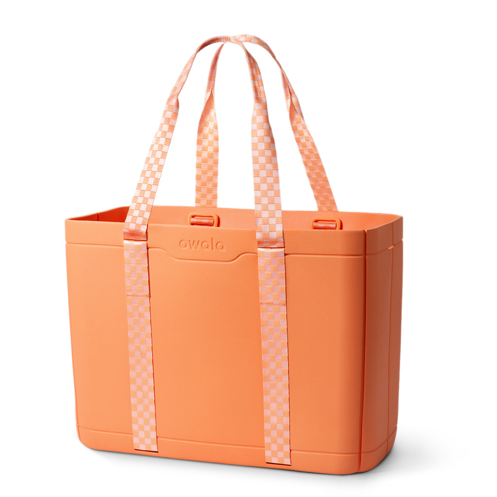 Sun-Day Collapsible Tote in Wavelength, periwinkle blue tote bag with dark navy checkerboard patterned carry loops and blue horizontal strap accent