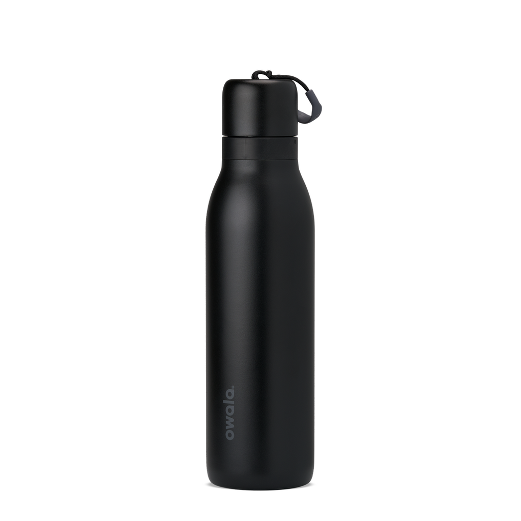 FreeSip Twist 24oz, coral pink body with orange-red lid and purple band; slim insulated bottle