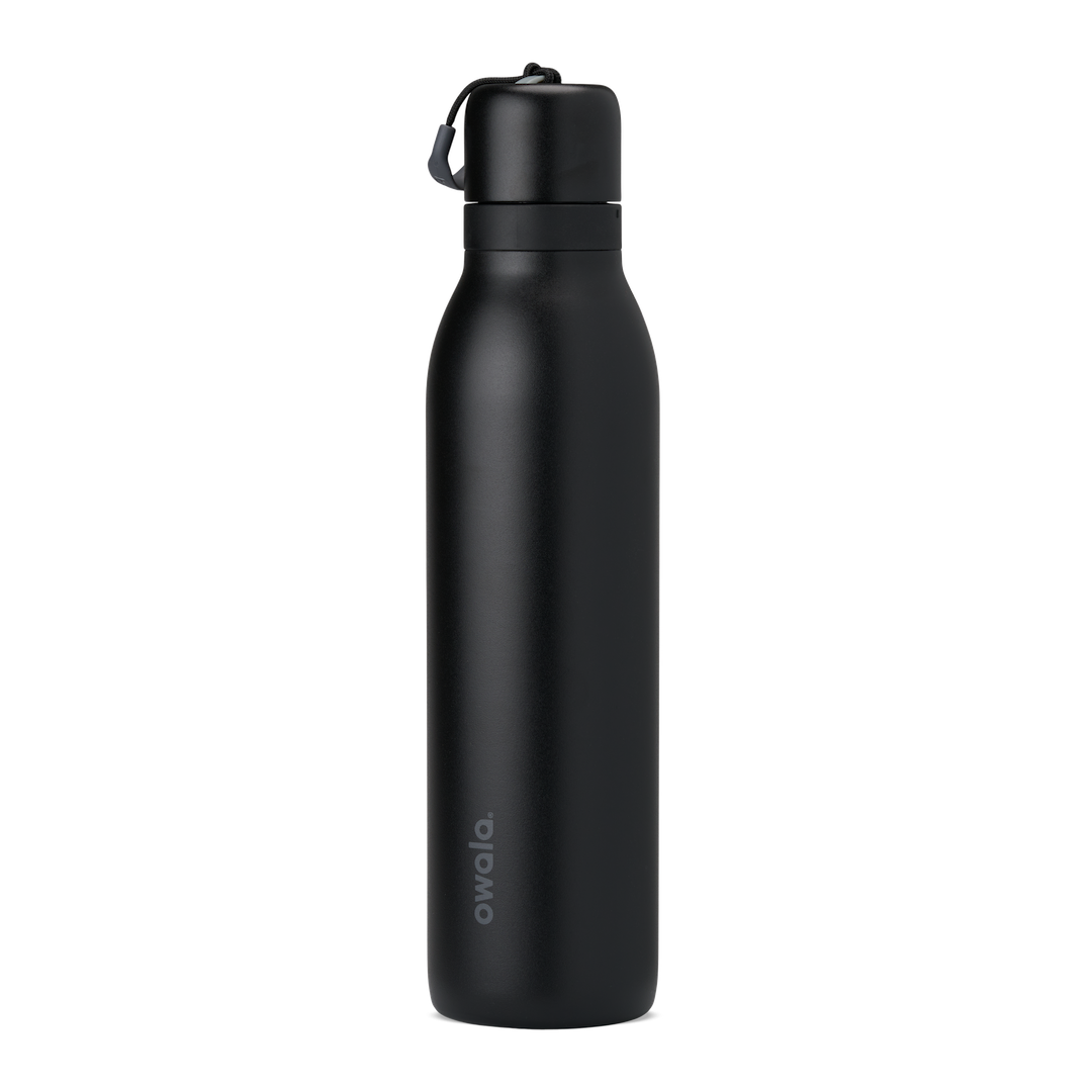 FreeSip Twist 24oz, coral pink body with orange-red lid and purple band; slim insulated bottle