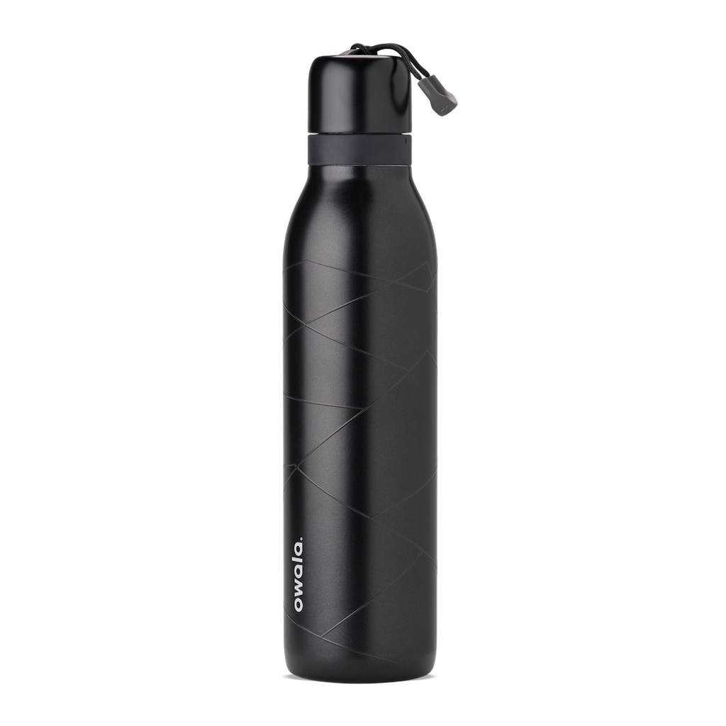 FreeSip Twist 24oz, coral pink body with orange-red lid and purple band; slim insulated bottle