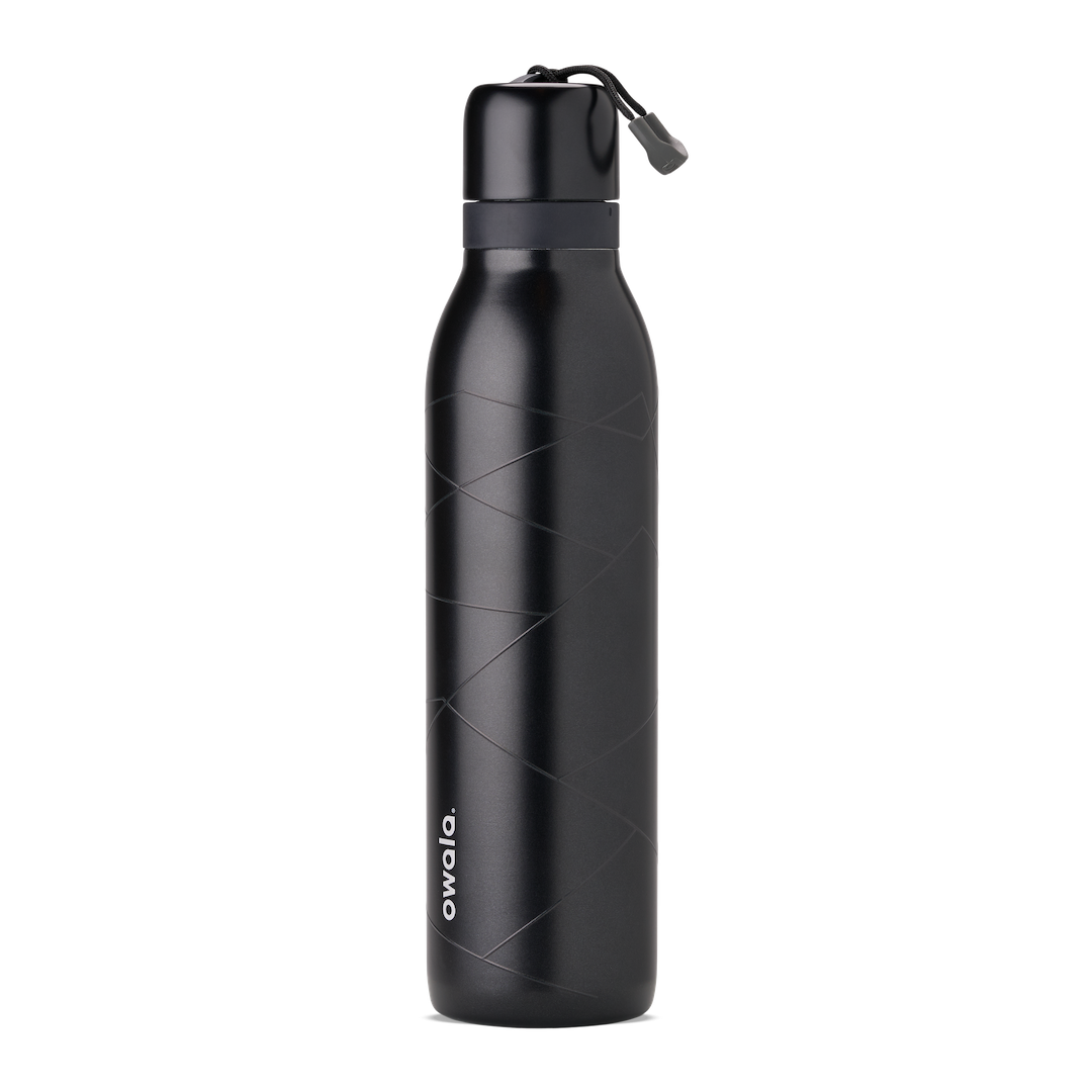 FreeSip Twist 24oz, coral pink body with orange-red lid and purple band; slim insulated bottle