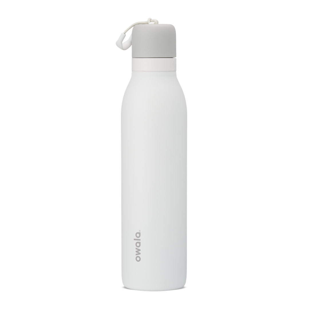 FreeSip Twist 24oz, coral pink body with orange-red lid and purple band; slim insulated bottle
