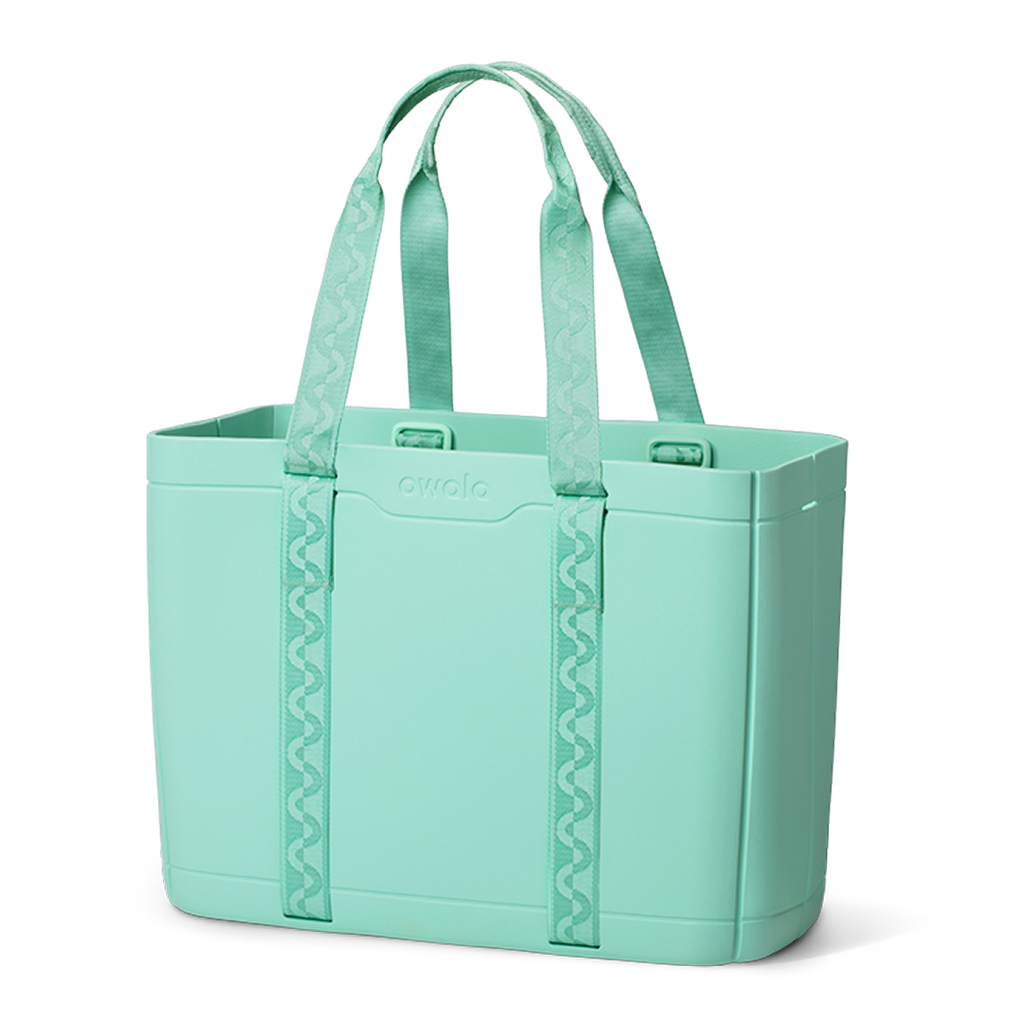 Sun-Day Collapsible Tote in Wavelength, periwinkle blue tote bag with dark navy checkerboard patterned carry loops and blue horizontal strap accent