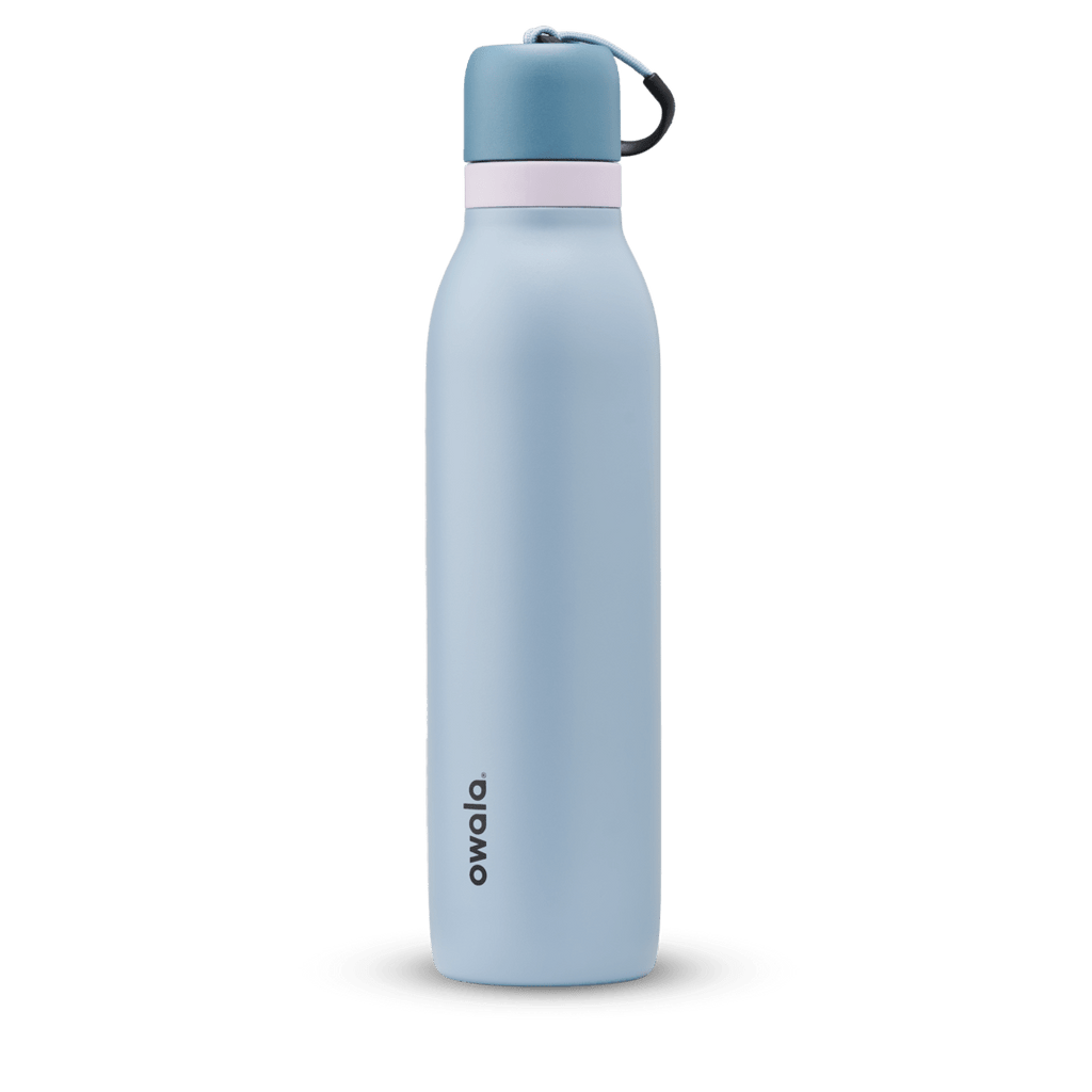 FreeSip Twist 24oz, coral pink body with orange-red lid and purple band; slim insulated bottle